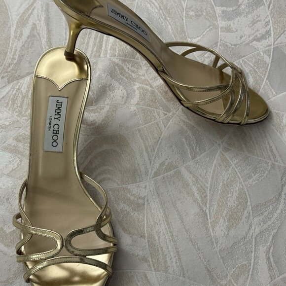 JIMMY CHOO GOLD HEEL OPEN TOE HEELS - Picture 1 of 12